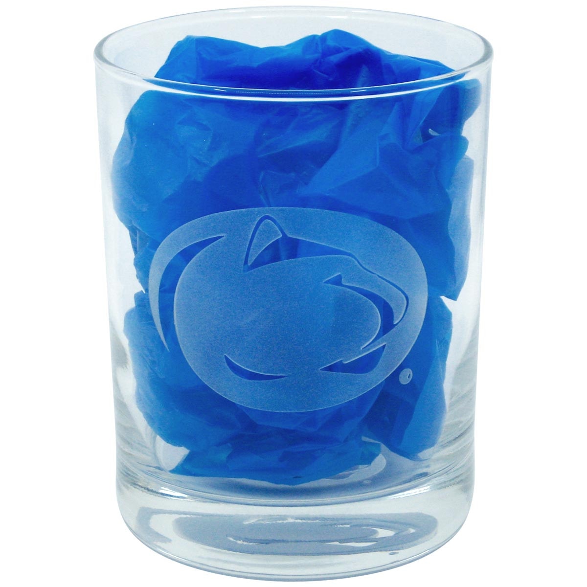 rocks glass with etched Penn State Athletic Logo on side and bottom